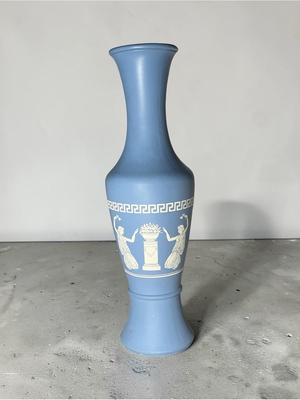 Vintage 12” Blue Jasperware Style Grecian Vase Classical Relief Home Decor